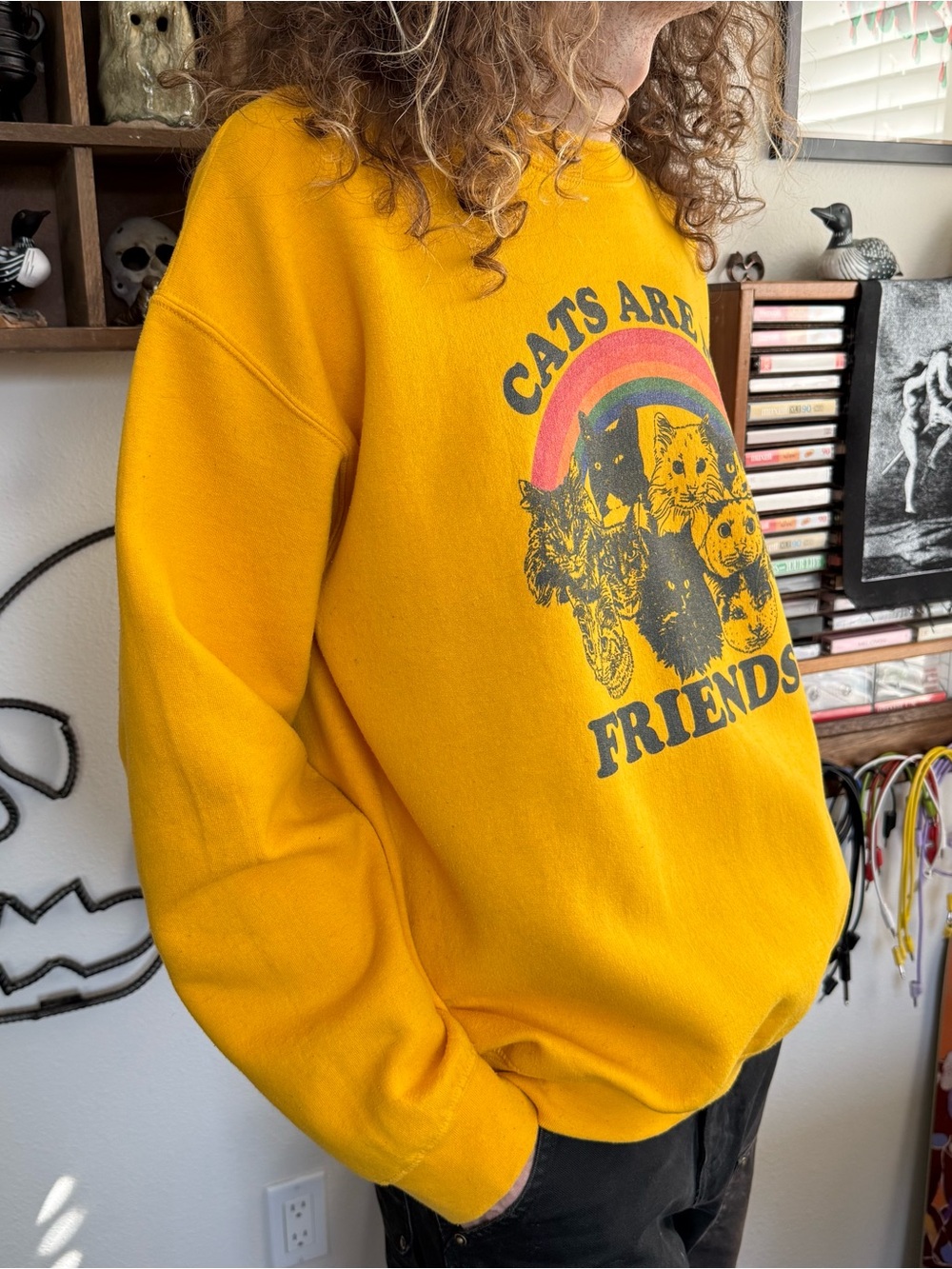 💀 SOLD 💀 Cats Are My Friends Yellow Rainbow Graphic Crewneck Sweatshirt ~ Size L - Picture 2 of 8